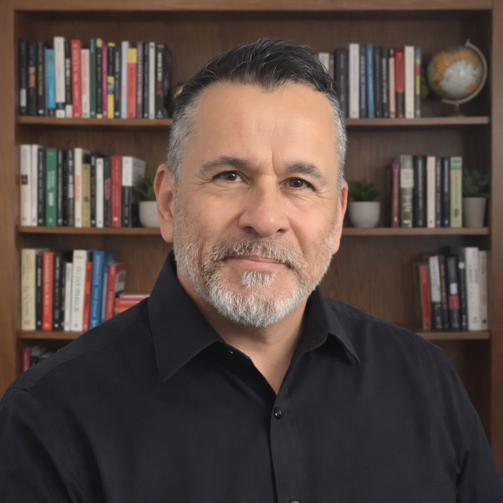 Retrato de Antonio Marcos Cavalheiro diante de uma estante de livros