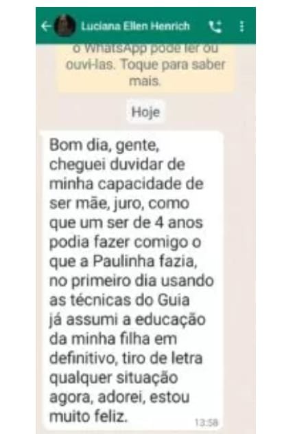Captura de uma mensagem de WhatsApp com relato de uma responsável sobre a experiência da família.